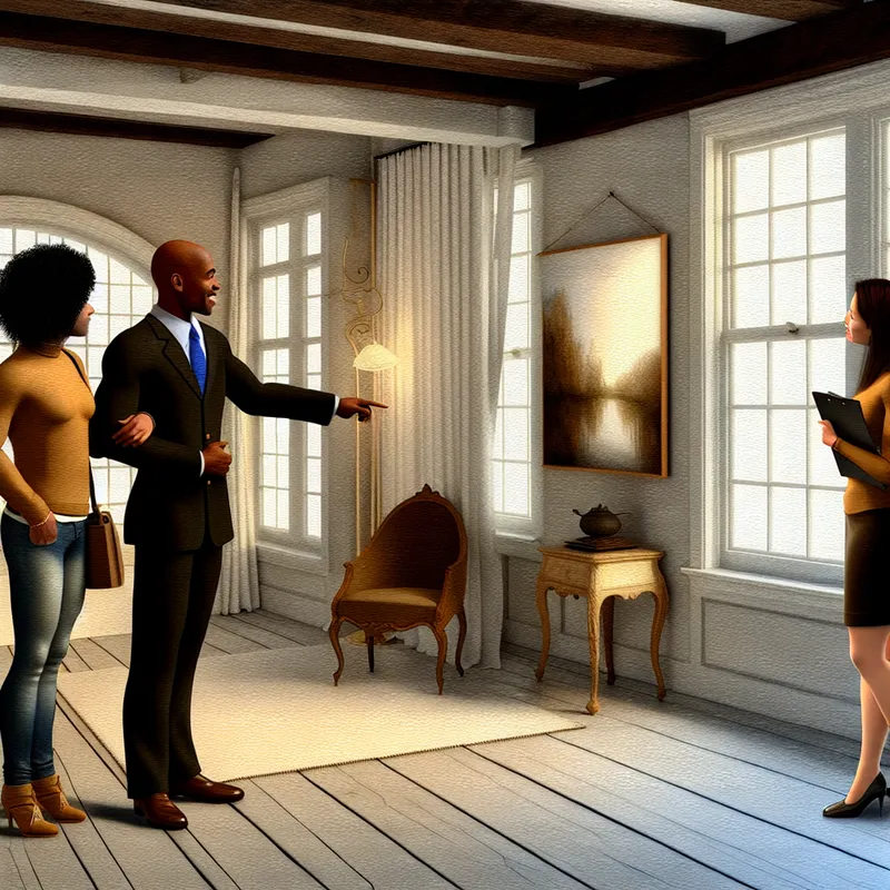 Een makelaar toont een echtpaar een charmant huis, met een groot raam dat zacht licht binnenlaat.