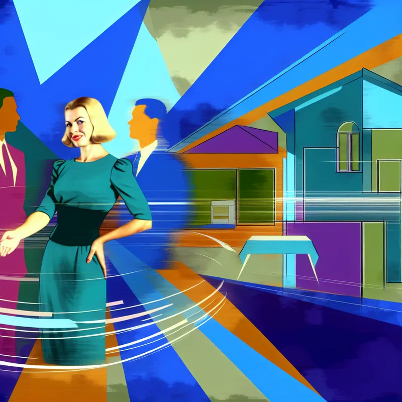 Een makelaar staat tussen een koper en een verkoper in een stijlvolle, geometrische ruimte, illustrerend onderhandelingvaardigheden.