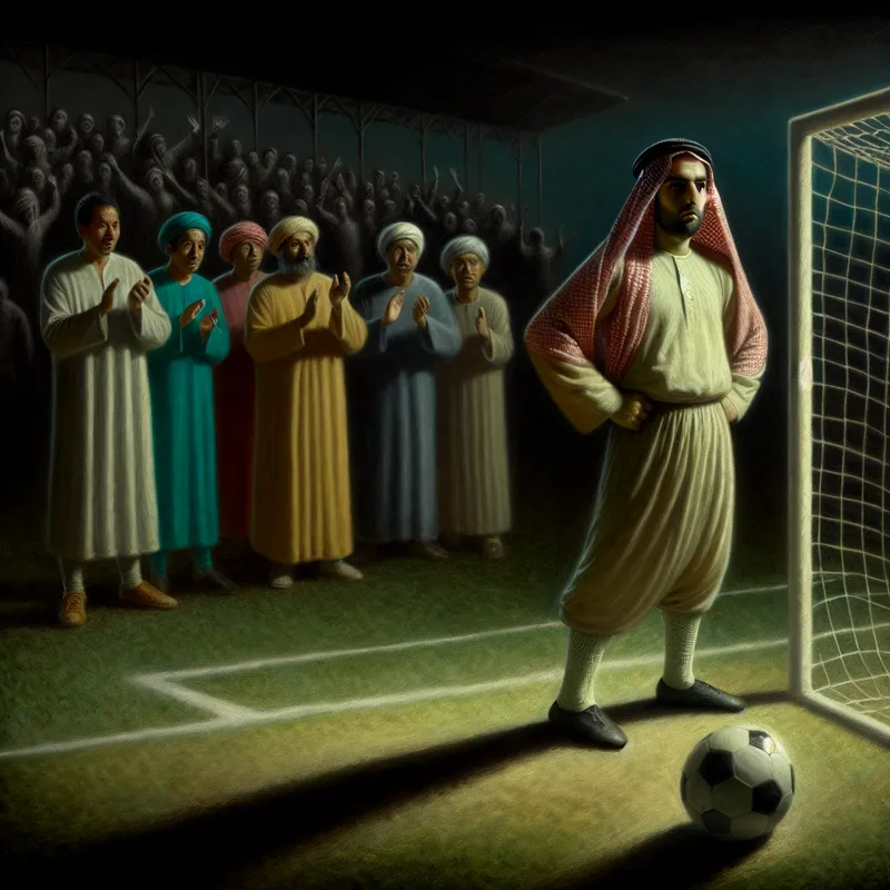 Voetballer met arrogante blik na makkelijk gescoord strafschop in schemerig stadion, Rembrandt-stijl