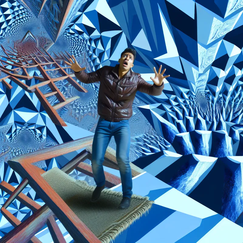 Een man bevroren van angst in een surrealistisch geometrisch landschap, geïnspireerd door M.C. Escher, met een uitdrukking van terror en een lichaam dat in patronen lijkt te zijn gekristalliseerd.