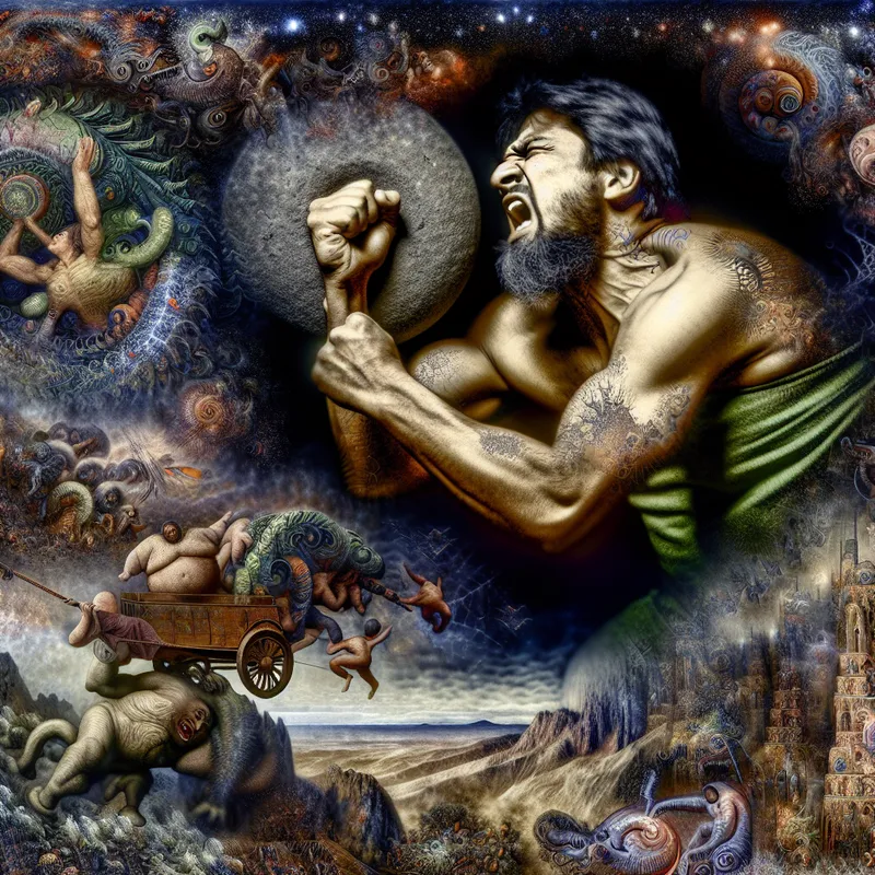 Een man probeert zijn mannelijkheid te tonen in een surrealistische omgeving, omringd door vreemde wezens en symbolen van maatschappelijke verwachtingen.