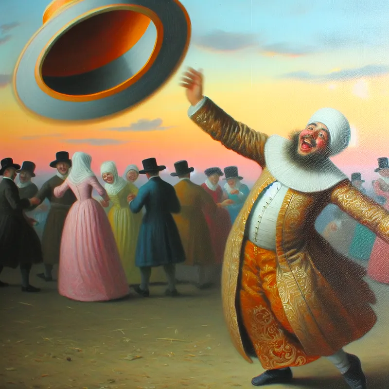 Een man in een traditioneel kostuum gooit zijn hoed de lucht in tijdens een openluchtfeest.