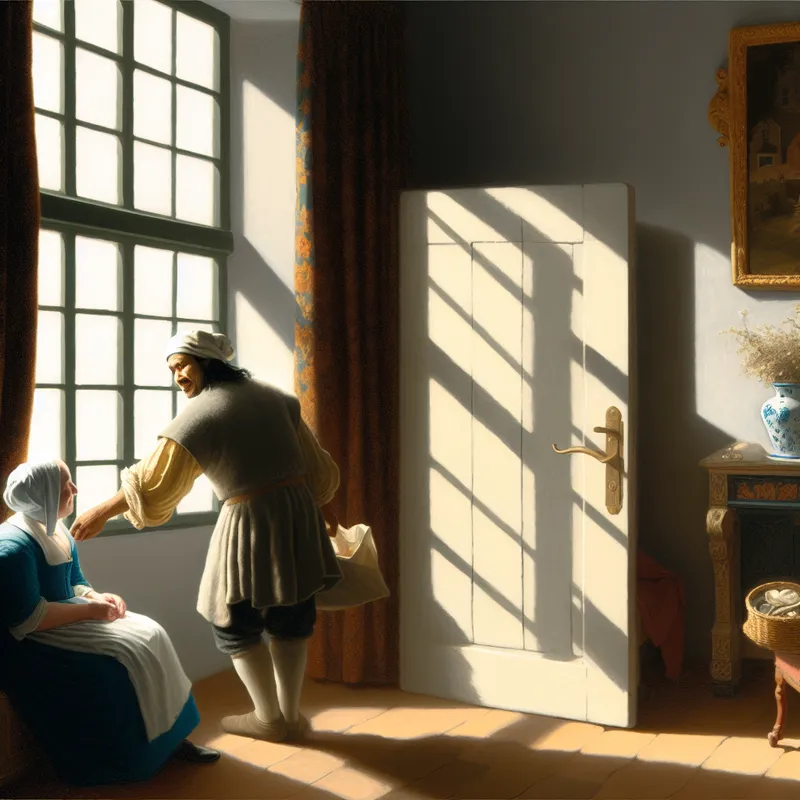 Een man helpt een oudere vrouw met haar boodschappen in een goed verlichte kamer, waarbij vriendelijkheid en medemenselijkheid uitstralen.