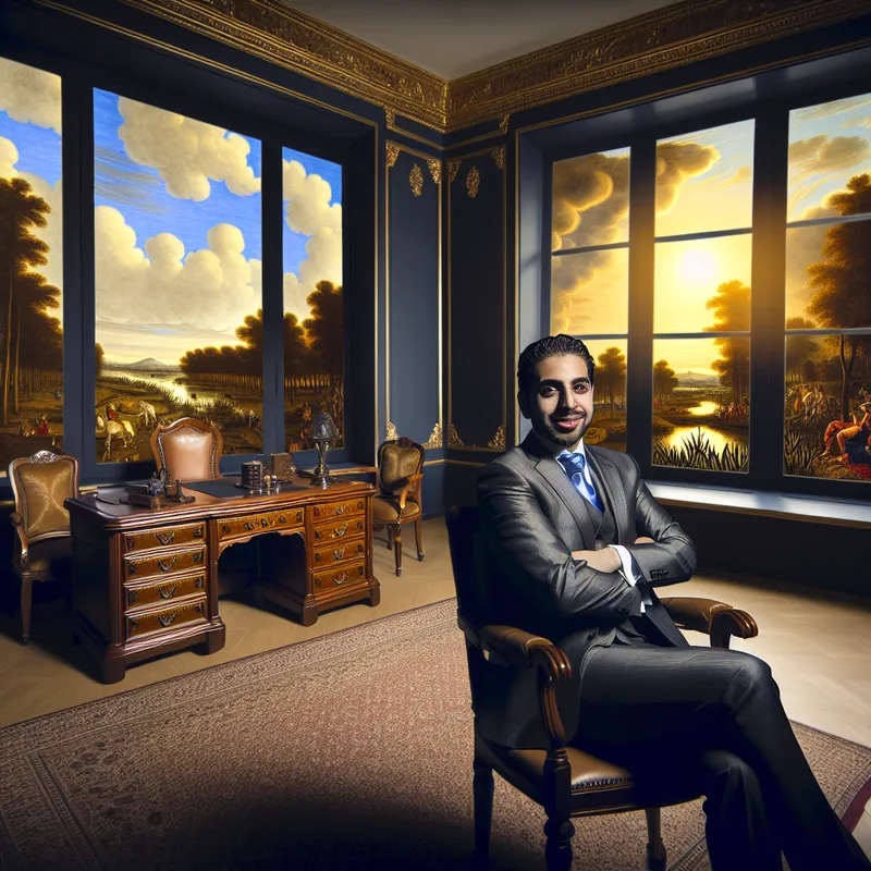 Een man in zakelijke kleding neemt zelfverzekerd plaats in een prachtig ingericht directeursoffice met grote ramen en uitzicht op gedetailleerde landschappen.