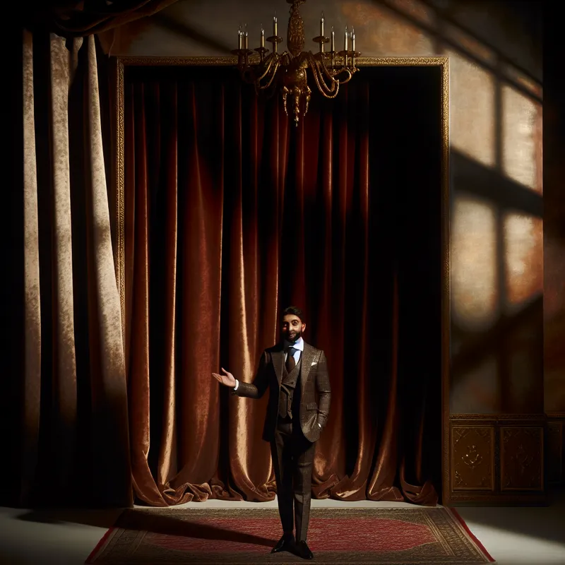 Man in elegant suit gesticulating in a classic presentation room with velvet curtains and a chandelier.