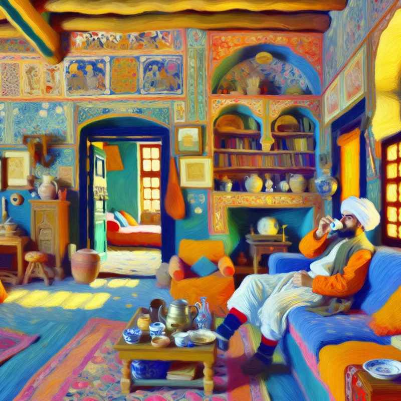 Een man geniet van een kopje koffie in zijn grote, mooie huis, omringd door boeken en persoonlijke items.