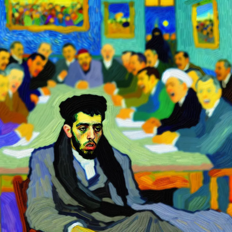 Een man in een formele setting, zoals een vergaderruimte, met een verveelde uitdrukking terwijl hij betrokken is in een gesprek, met zijn hoofd dat naar voren hangt.