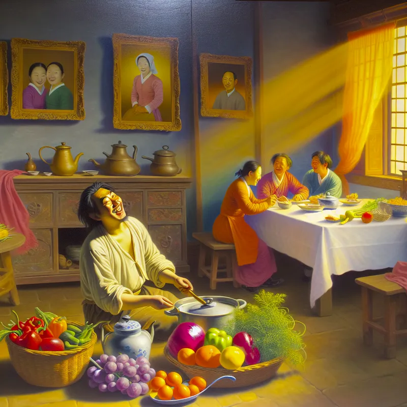 Een man die met vreugde in een keuken kookt, omringd door kleurrijke groenten en een uitnodigende gedekte tafel.