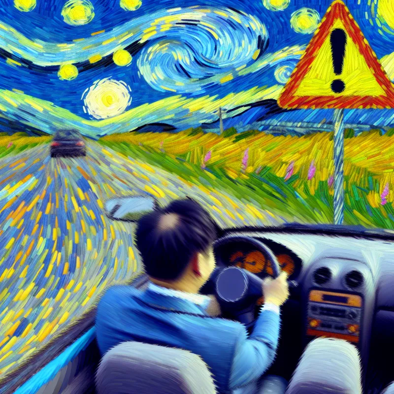 Man die in zijn auto rijdt, onbewust van een groot waarschuwingsbord voor hem, geschilderd in de stijl van Vincent van Gogh.