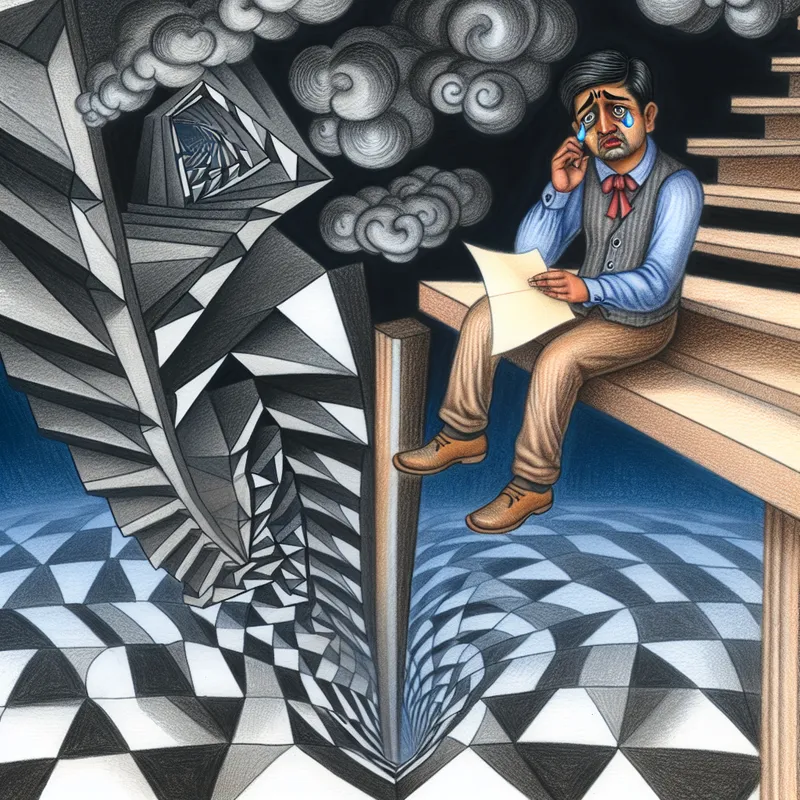 Een man zit op een onmogelijk spiralen trap, omringd door donkere patronen die zijn verdriet uitdrukken, met een melancholische blik en een stuk papier in zijn hand.
