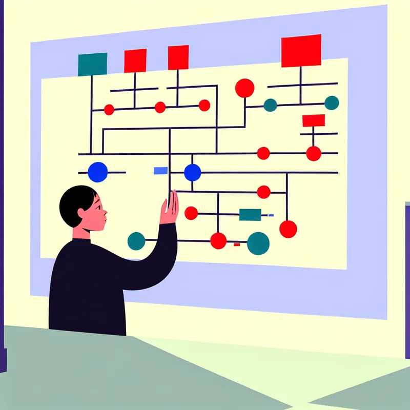 Man die een chaotische stamboom organiseert in gestructureerde segmenten met behulp van dikke lijnen en felle kleuren.