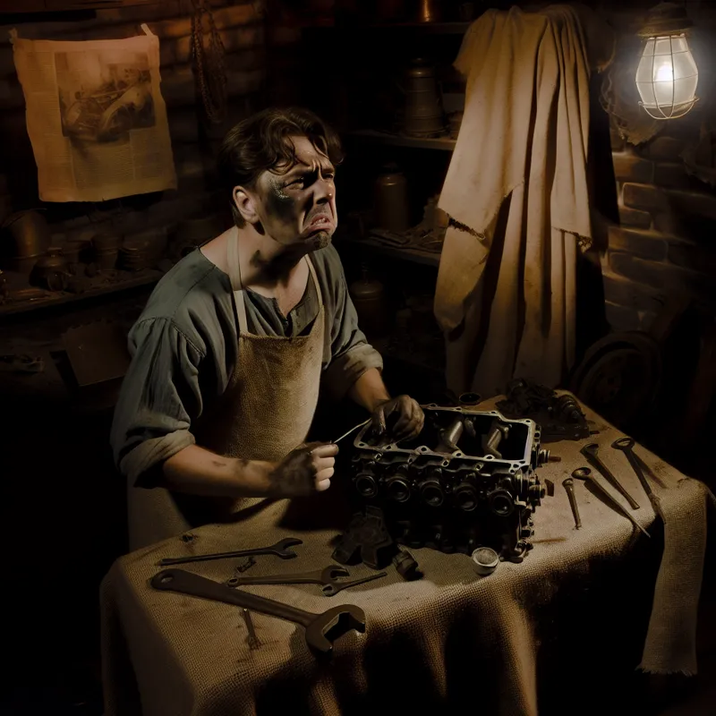 Een man in een slecht verlichte werkplaats probeert wanhopig een auto-engine te repareren, omringd door gereedschap en onderdelen.