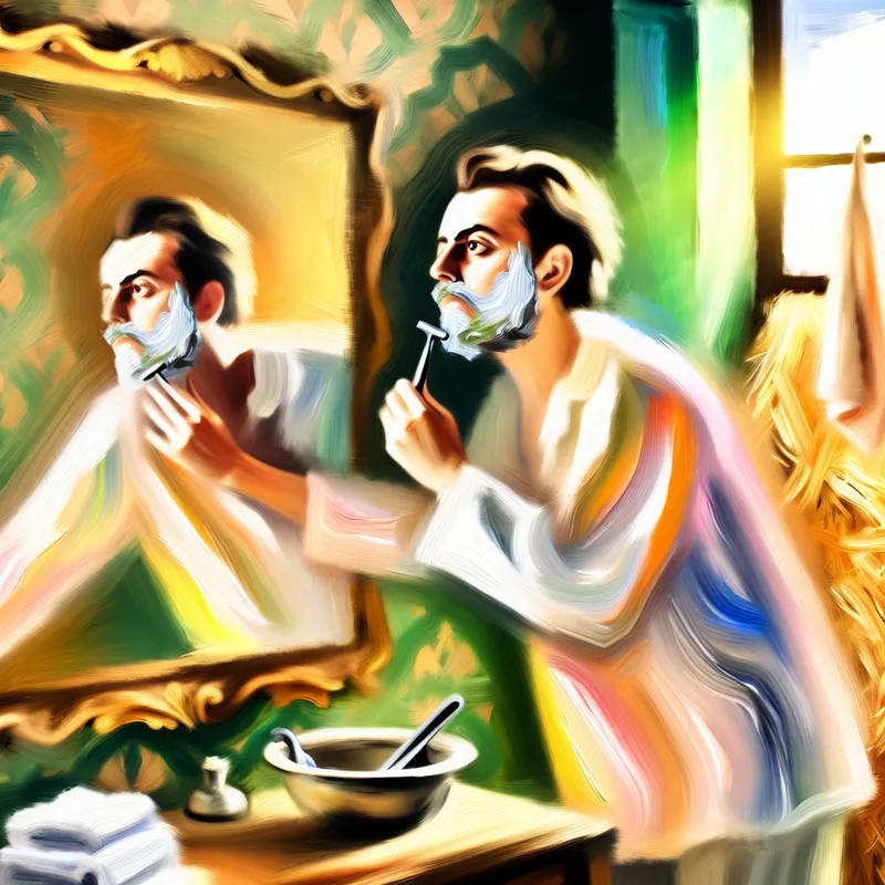 Een man scheert zijn baard met een straight razor voor een spiegel in een traditionele badkamer, omringd door vintage decor.