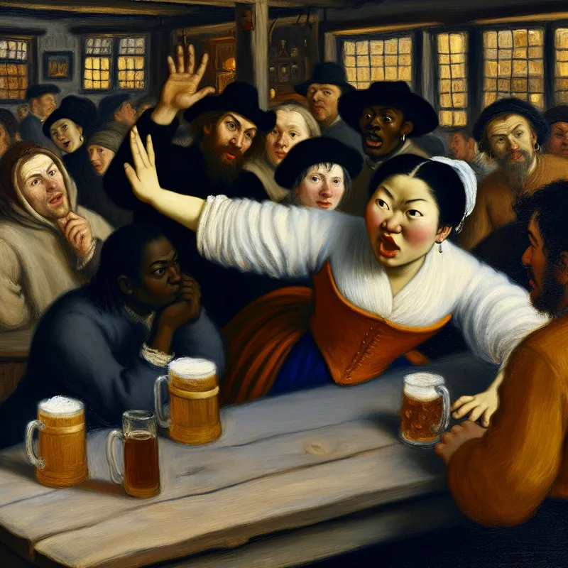 Een man slaat met zijn hand op een houten tafel in een drukke herberg, zijn gezichtsuitdrukking toont urgentie en enthousiasme.