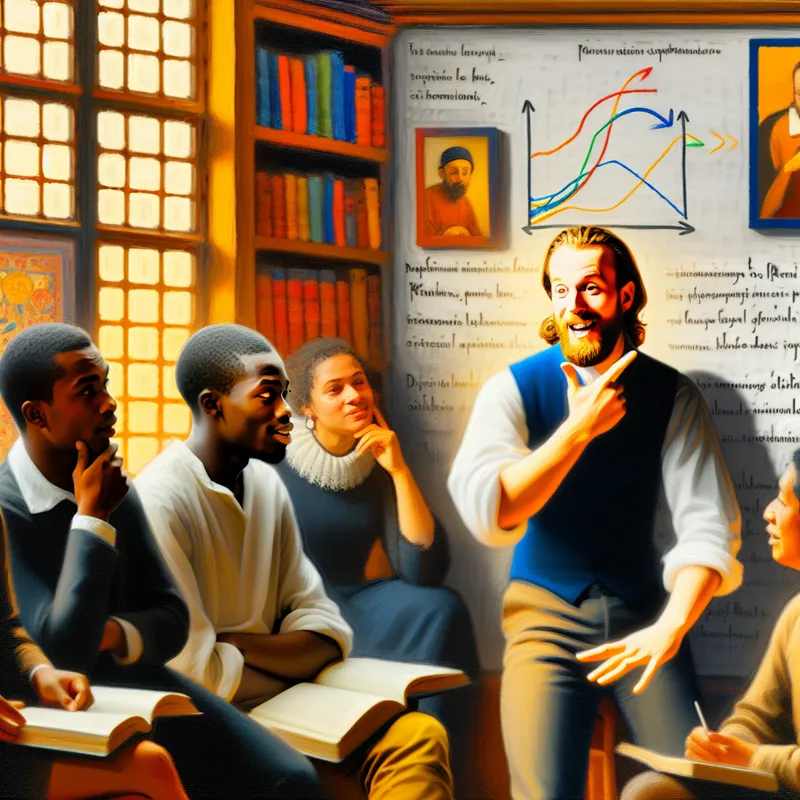 Een man in een studie spreekt met passie tegen een diverse groep luisteraars, omringd door boeken en notities.