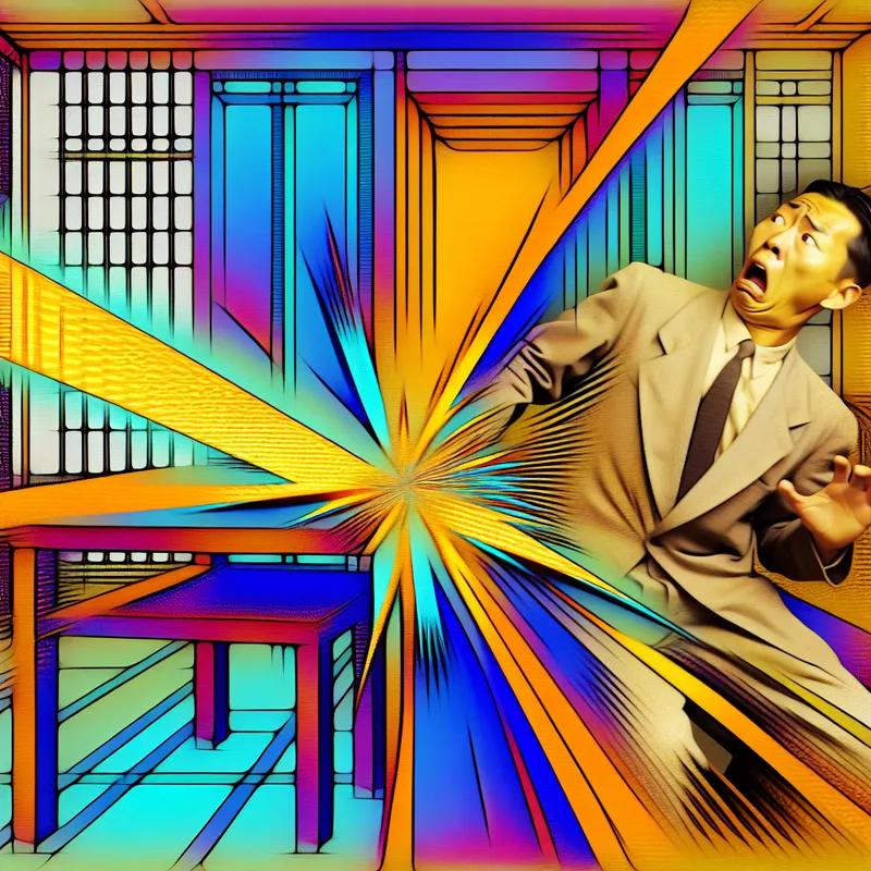 Man die zich de teen stoot tegen een tafel, met een geschrokken en gefrustreerde uitdrukking op zijn gezicht