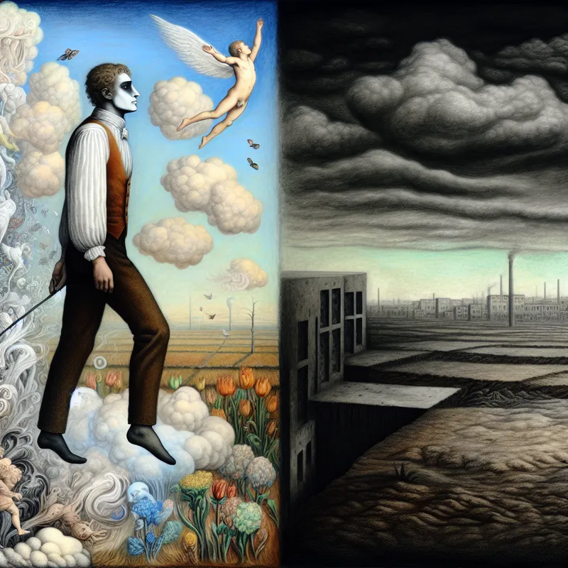 Man die uit een surrealistisch droomlandschap stapt naar een grimmige realiteit, vol emoties van vastberadenheid en berusting.