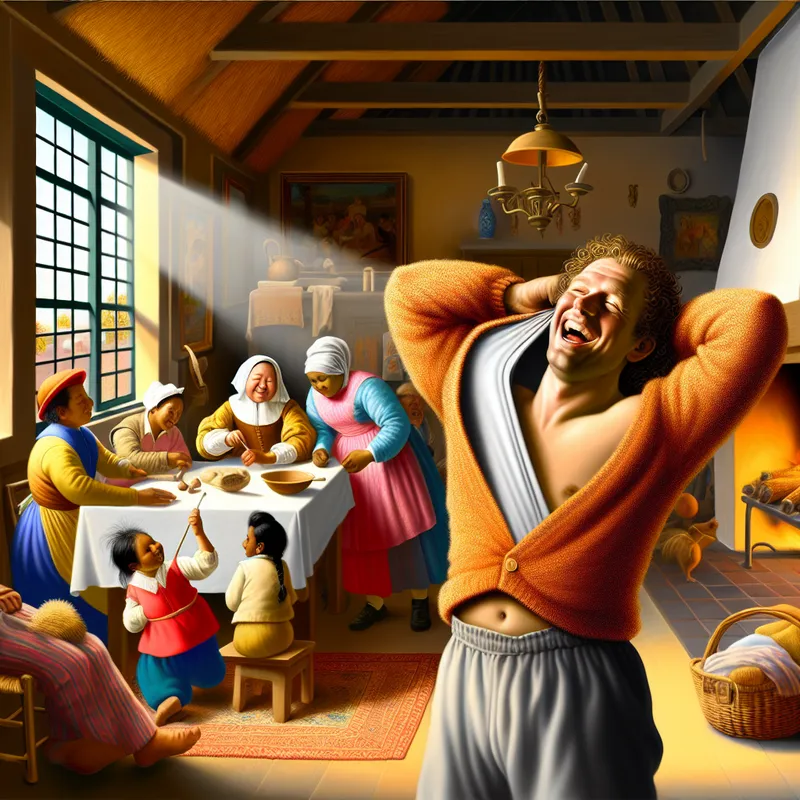 Een man lacht terwijl hij zijn sweater uitdoet in een zonnige woonkamer, omringd door een vrolijke familie.