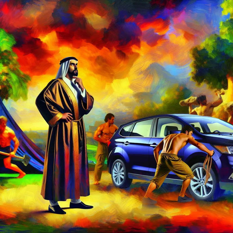 Een man in rijke kleding staat trots naast een gloednieuwe auto in een weelderig barok landschap met een dramatische lucht.