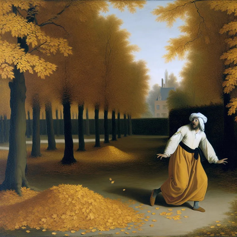 Een man in historische kleding valt onverwachts door een voetval bedekt met herfstbladeren in een serene parkomgeving.