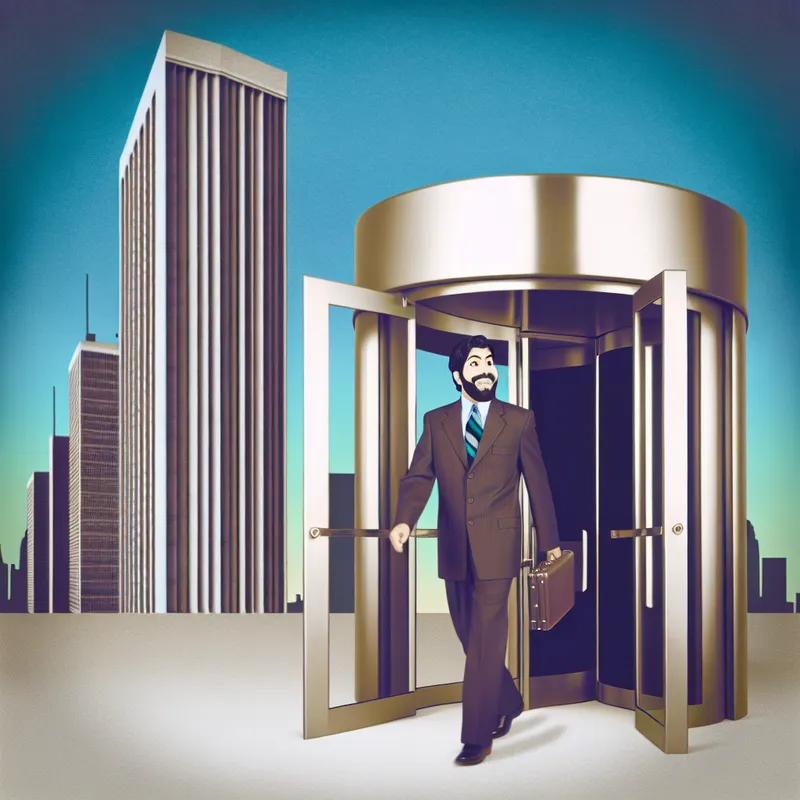 Man in professionele kleding verlaat kantoor met glazen draaideuren in een retro-futuristische stad