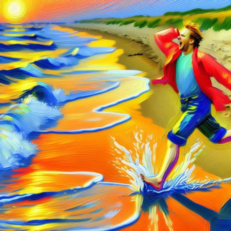 Een man die naar de rand van de kust loopt tijdens zonsondergang, terwijl de golven zachtjes zijn voeten kussen.