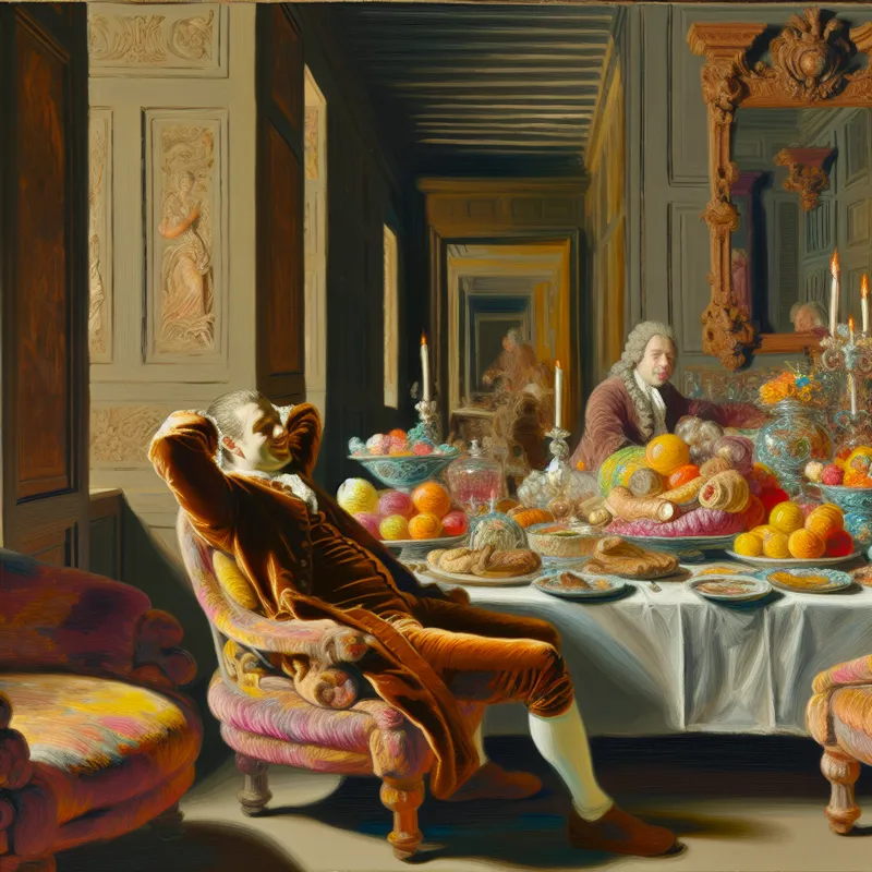 Een man zit ontspannen aan een eettafel met een overvloedige maaltijd in een luxueuze, Barokke interieur.