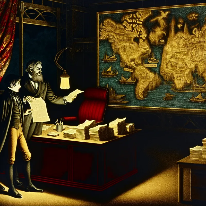 Een manager in zakelijke kleding wijst naar een grote, sierlijke kaart op zijn bureau, terwijl hij documenten overhandigt aan een jongere collega die aantekeningen maakt.