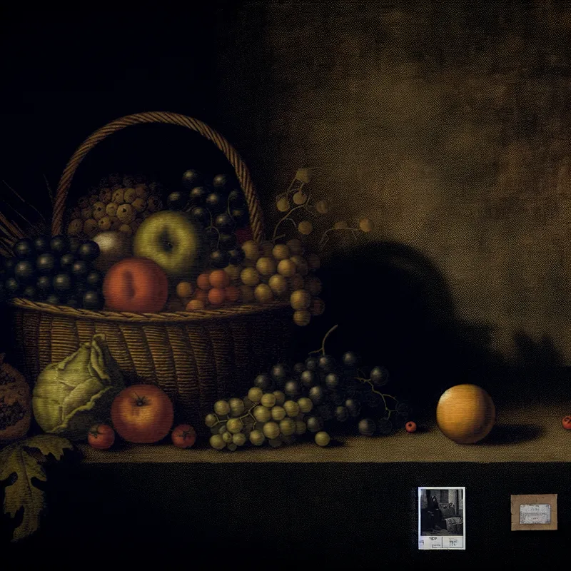 Donkere stilleven met een fruitmand, gevuld met verschillende soorten fruit, symboliserend overvloed en totaal kost.