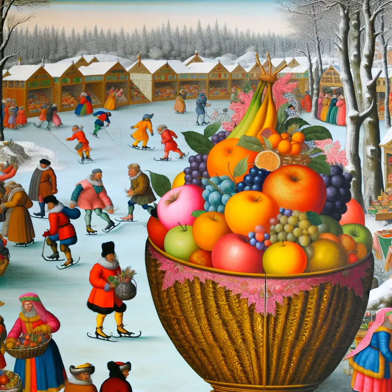 Een kleurvolle mand gevuld met verschillende soorten fruit zoals appels, sinaasappels en druiven, op een wintermarkt terwijl mensen in winterkleding genieten van het winterseizoen.
