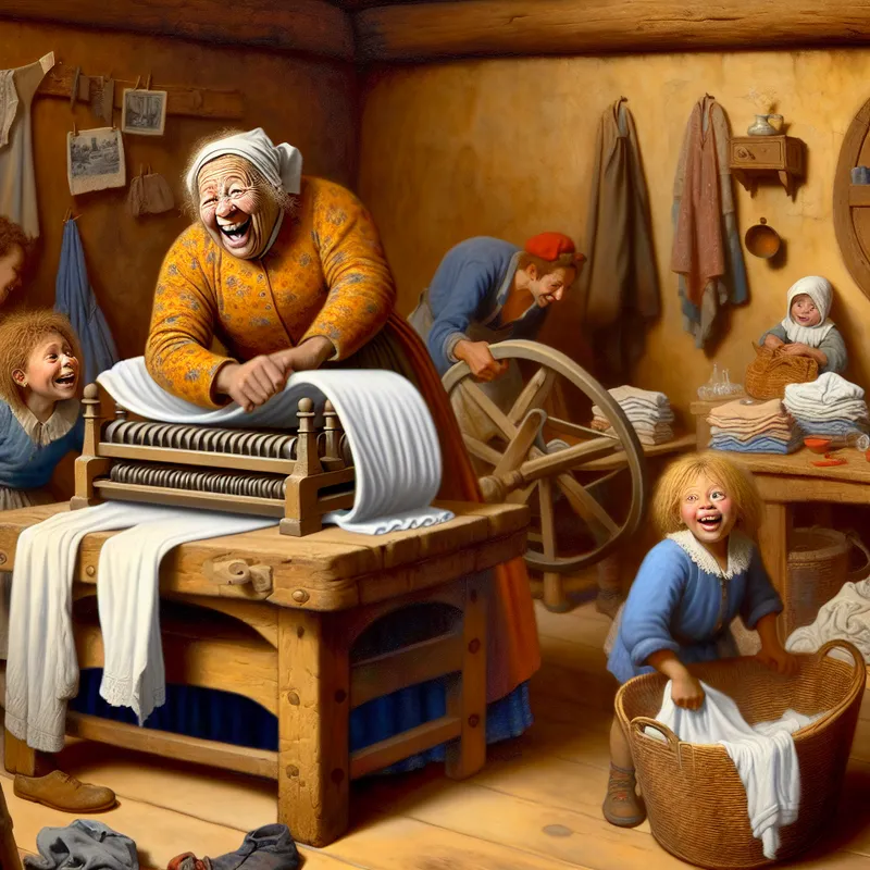 Vrolijke familie gebruikt een vintage mangel in een rustieke keuken om wasgoed te persen.