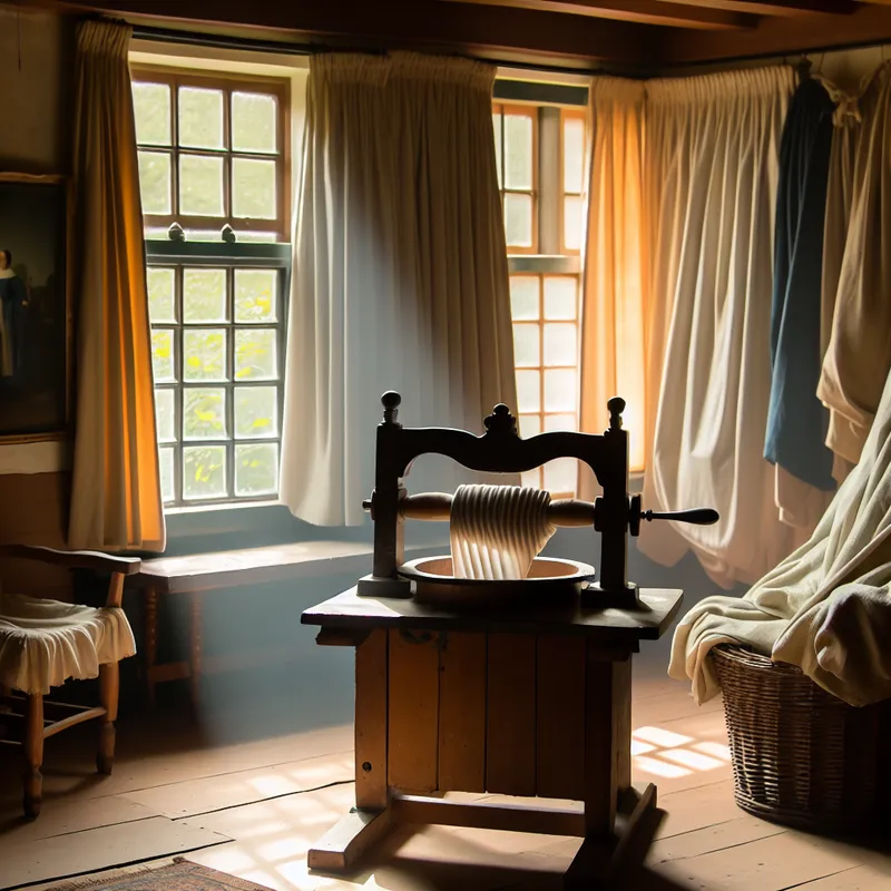 Traditionele Nederlandse interieur met een antique mangel, omringd door zonlicht en textiel