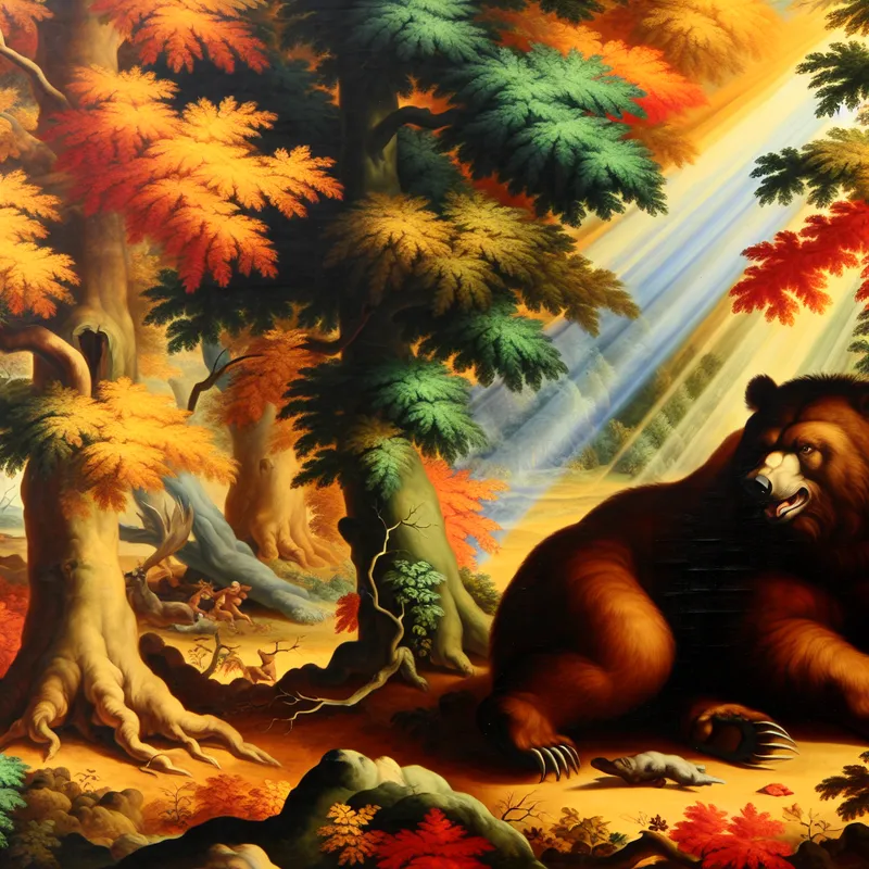 Een krachtige mannelijke beer die ontspannen in zijn den ligt, omringd door kleurrijke herfstbladeren.