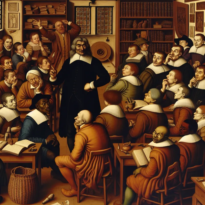 Levendige klaslokaalscène in de stijl van Jan Steen met een mannelijke leraar die geduldig uitleg geeft aan diverse studenten