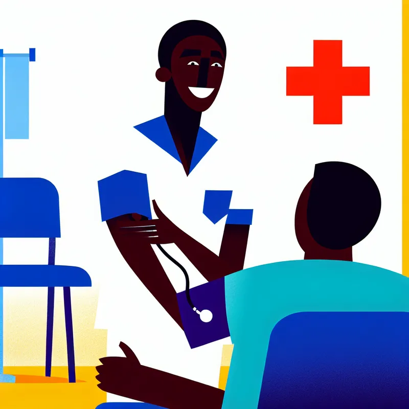 Vrolijke mannelijke verpleger meet bloeddruk van patiënt in helder wit ziekenhuis met minimalistisch ontwerp