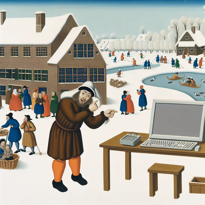 Winterse dorpsscène met een gefrustreerde persoon die naar een kapotte computer wijst, ter illustratie van een mannelijke verwijzing in de Nederlandse taal