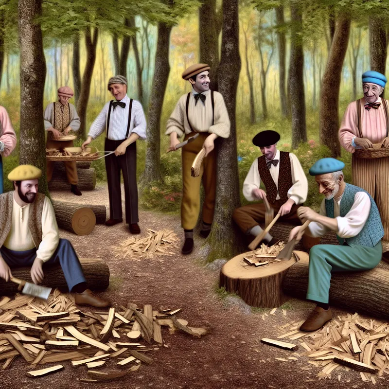 Groep mannen in vintage kleding verwijdert de schors van een boom in een weelderig bos.