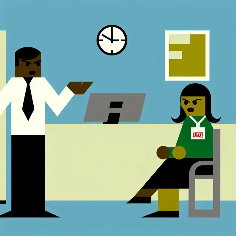 Een man legt zelfverzekerd iets uit aan een vrouw met een werkbadge in een vergaderruimte.