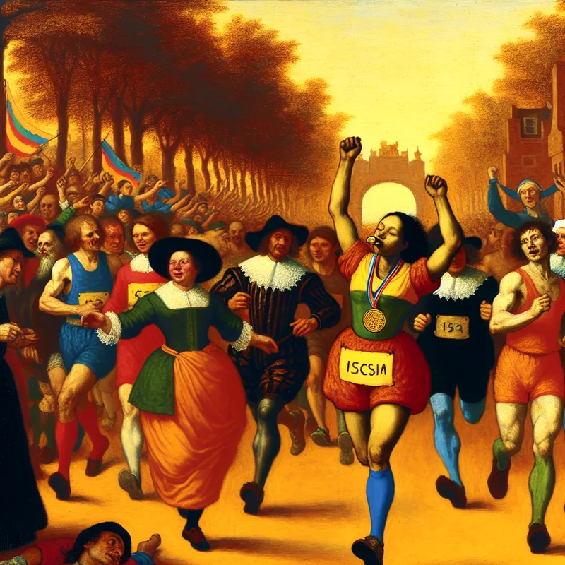 Een drukke marathon finishlijn met atleten en een winnaar op de zevende plaats met een medaille.