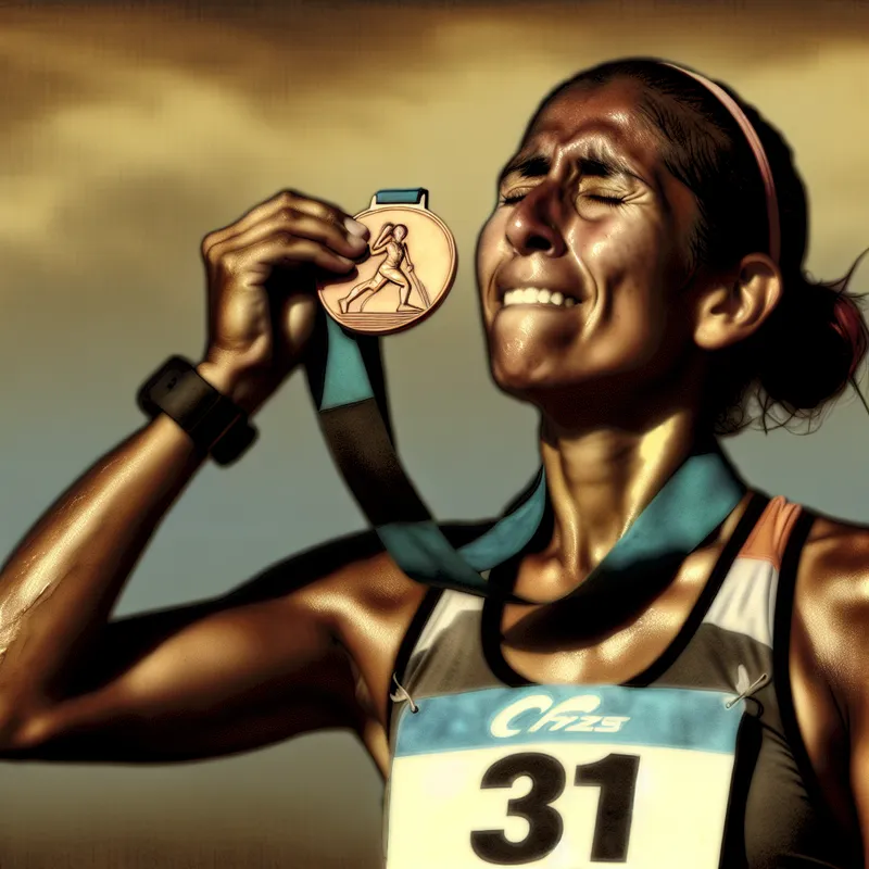 Een marathonloper op het podium ontvangt een bronzen medaille