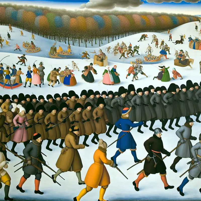 Een groep marcherende soldaten in historische uniformen, die synchroon bewegen door een besneeuwd landschap met winterse activiteiten op de achtergrond.