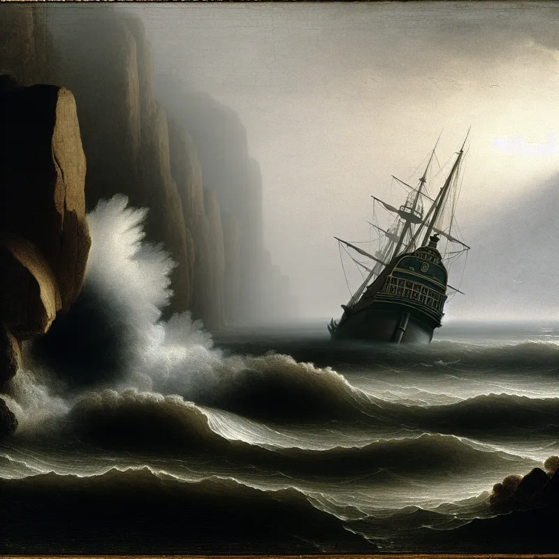 Een schip dat in de ochtend tegen een rotsklip botst, omringd door dikke mist en golven die tegen de romp crashes.