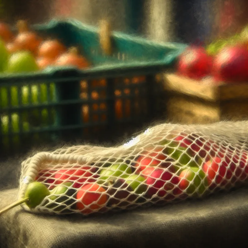 Een netje met kleine, kleurrijke appeltjes op een markt