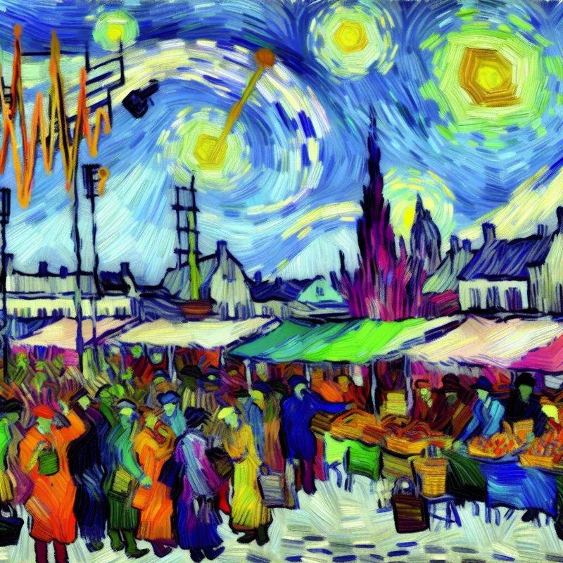 Een bruisende marktscène met mensen die goederen uitwisselen, kleurrijke kramen, en een abstracte grafic van economische groei op de achtergrond, in de stijl van Vincent van Gogh.