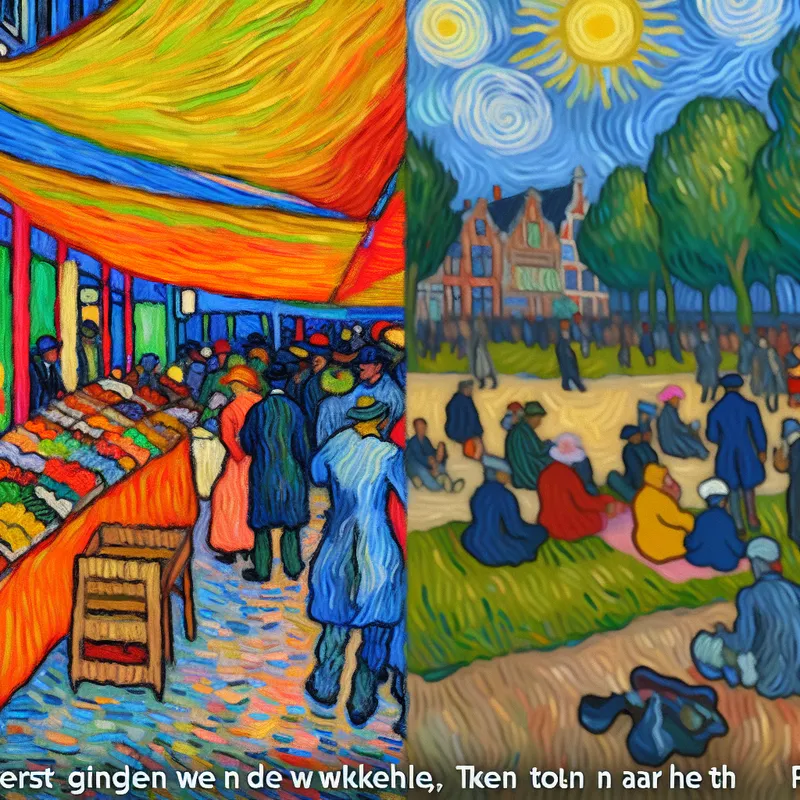 Een levendige marktscène met kleurrijke stalletjes en mensen die goederen kopen, tegen een achtergrond van een zonnig park met bomen en gezinnen die ontspannen.