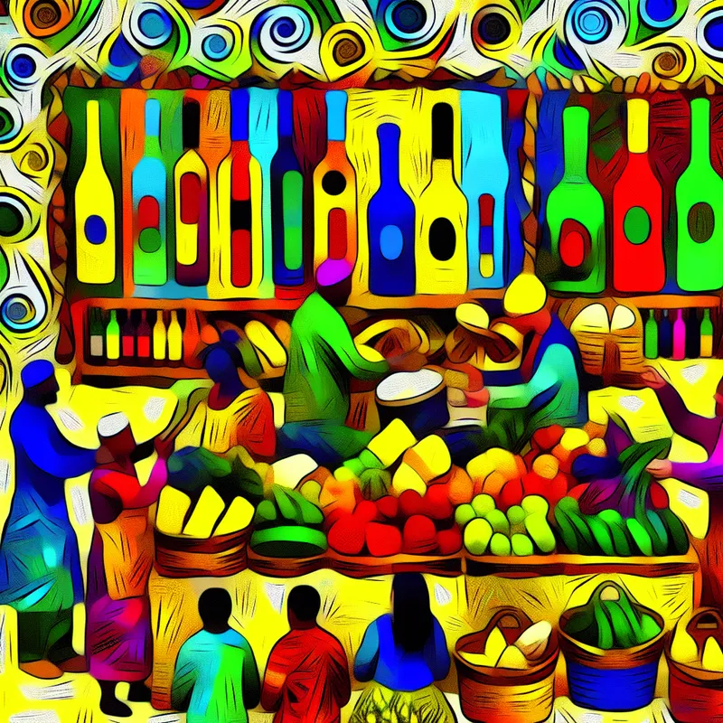 Vibrante marktscene met kleurrijke kraampjes die lokale producten uit Haspengouw tonen, waaronder wijn en ambachtelijke kaas.