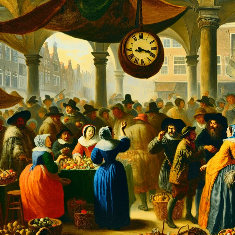 Een levendige marktscène met handelaars en klanten die onderhandelen over goederen, symbool voor veranderlijke deals.