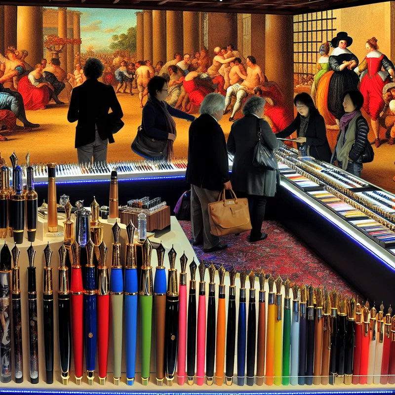 Een levendige marktscène met verschillende soorten pennen, waaronder vulpennen, balpennen en markers, in een luxueuze setting.