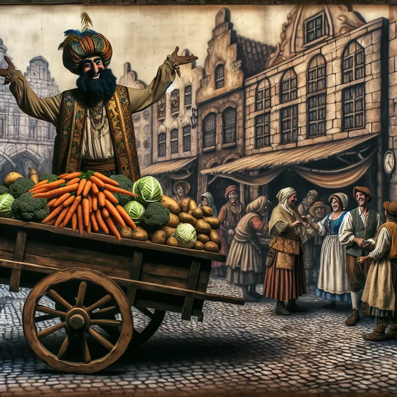 Vrolijke marktkoopman verkoopt grote hoeveelheden kleurrijke groenten aan klanten op een nostalgische markt uit het begin van de 20e eeuw