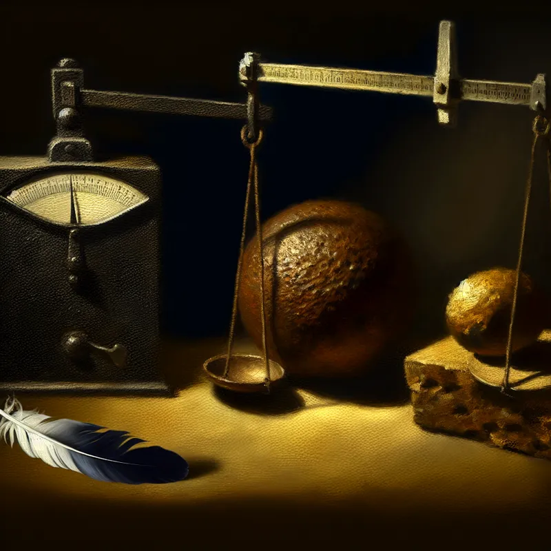 Stilleven van een zware gietijzeren bal, een lichte veer, en een set schalen die hun massa's meten, met dramatische belichting en schaduwen.